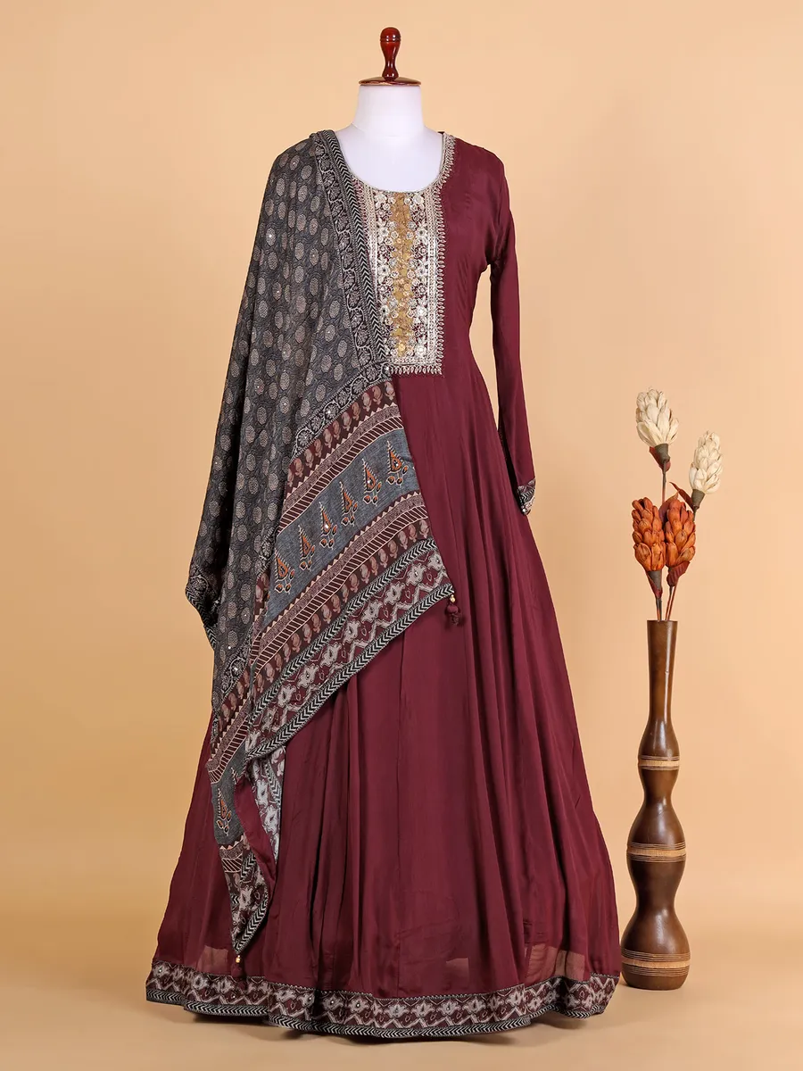 Maroon floor length suit with printed dupatta