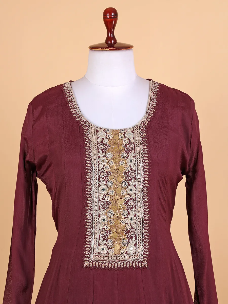 Maroon floor length suit with printed dupatta