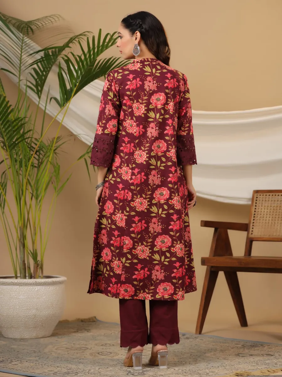 Maroon floral printed cotton kurti-G3-WKU02533 | United States