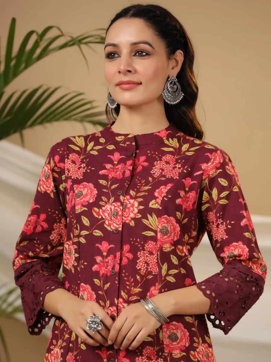 Maroon floral printed cotton kurti-G3-WKU02533 | United States