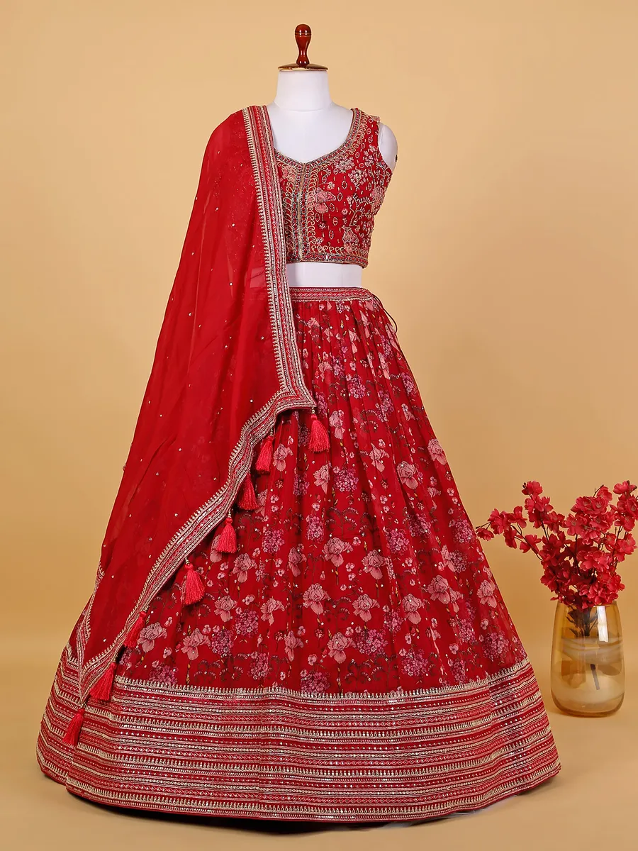 Maroon georgette floral printed lehenga choli