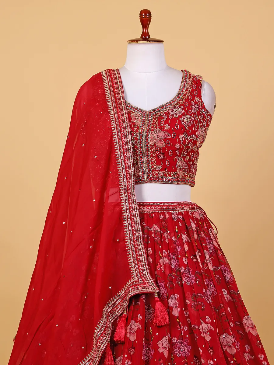 Maroon georgette floral printed lehenga choli