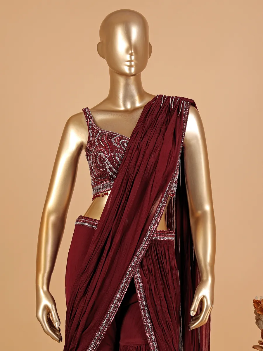 Maroon georgette sharara suit with attached drape