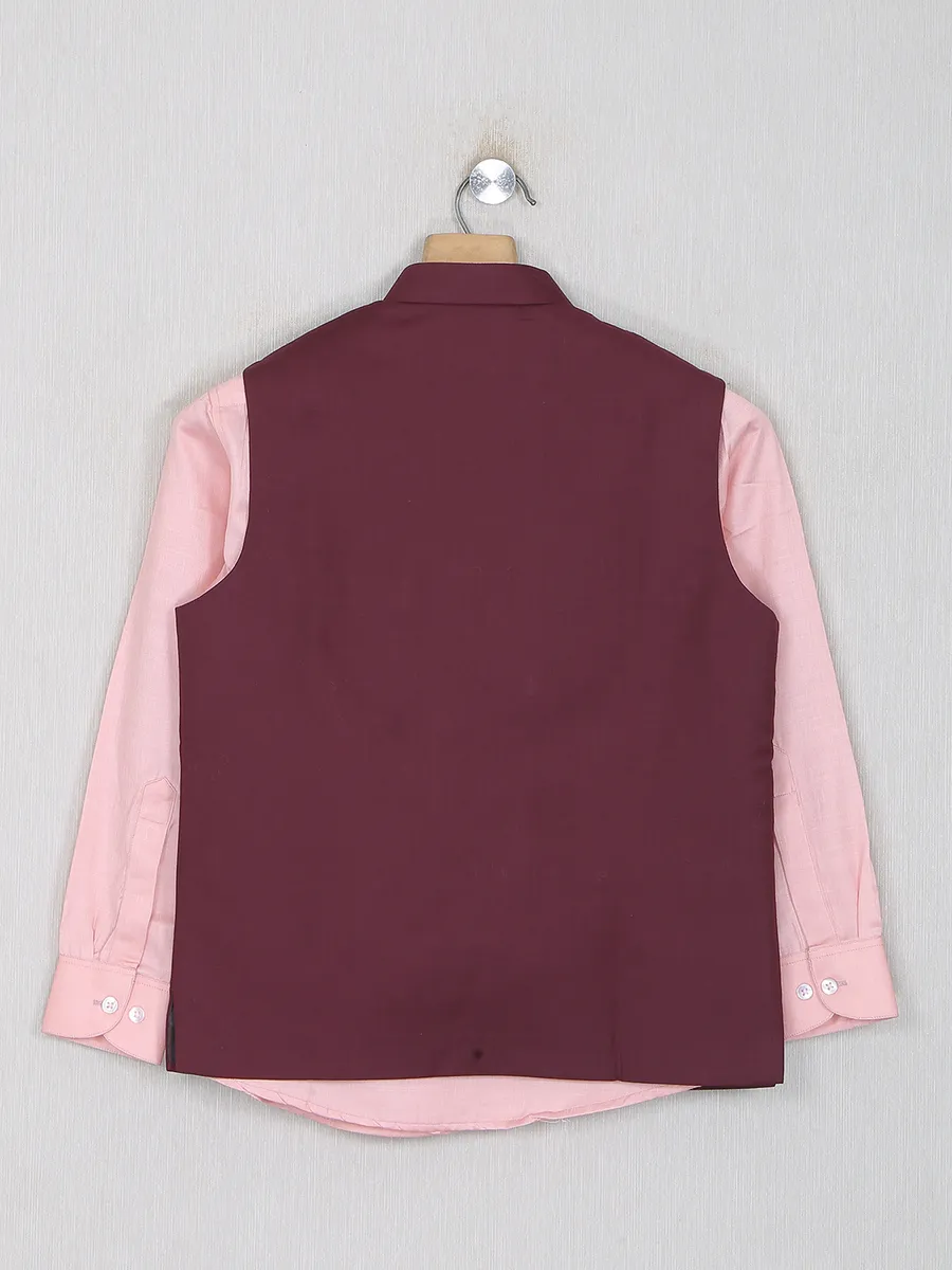 Maroon hued cotton silk waistcoat with shirt