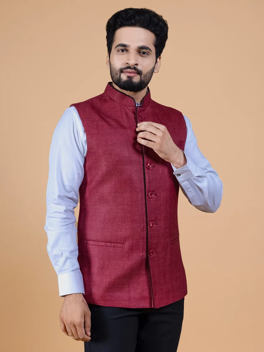 Maroon jute silk plain waistcoat