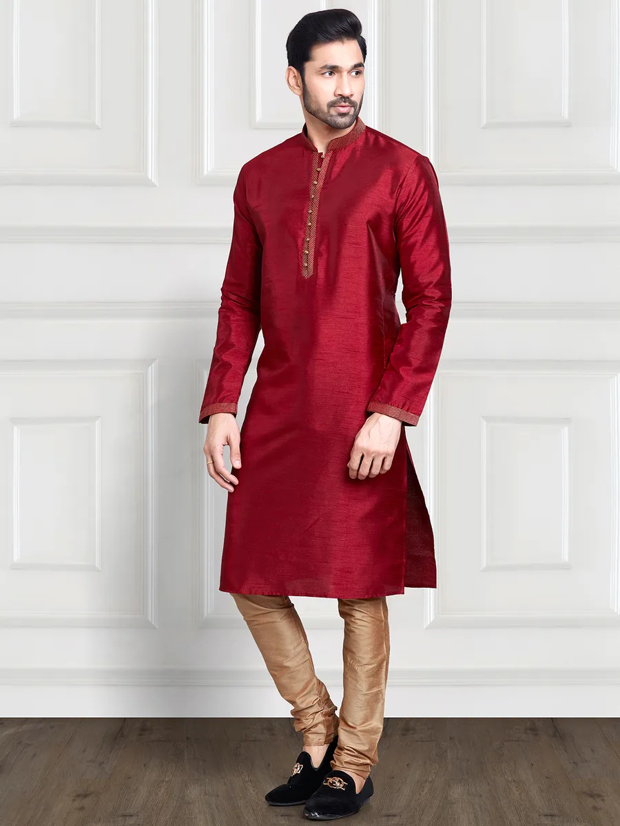 Maroon plain art silk  Men Kurta pajama