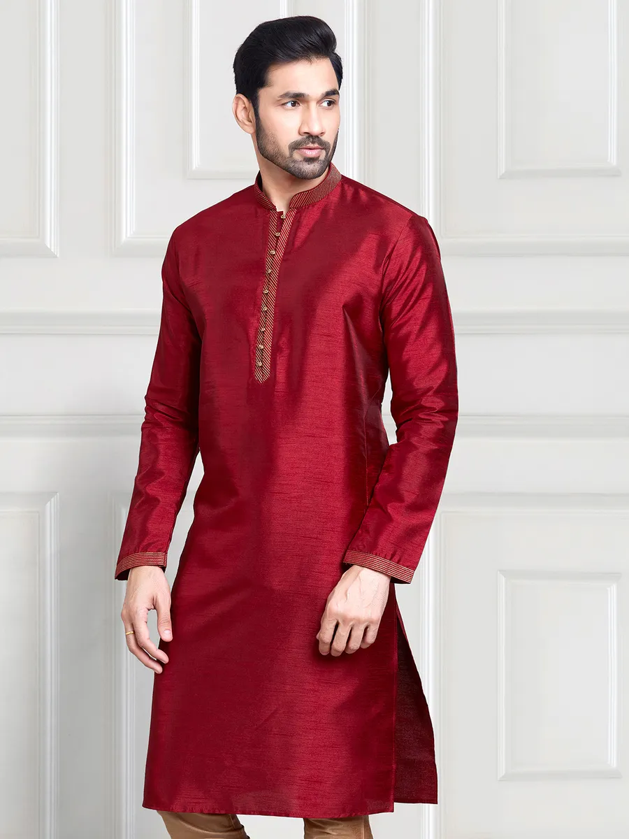 Maroon plain art silk  Men Kurta pajama