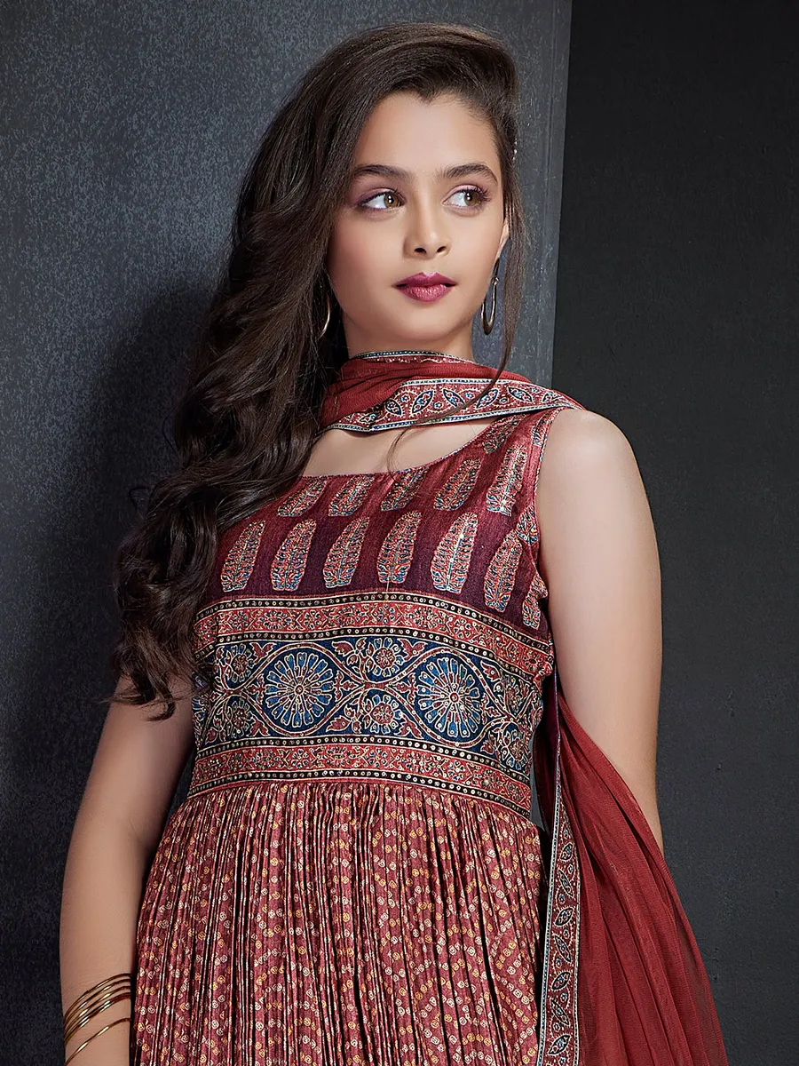 Maroon printed anarkali suit with dupatta