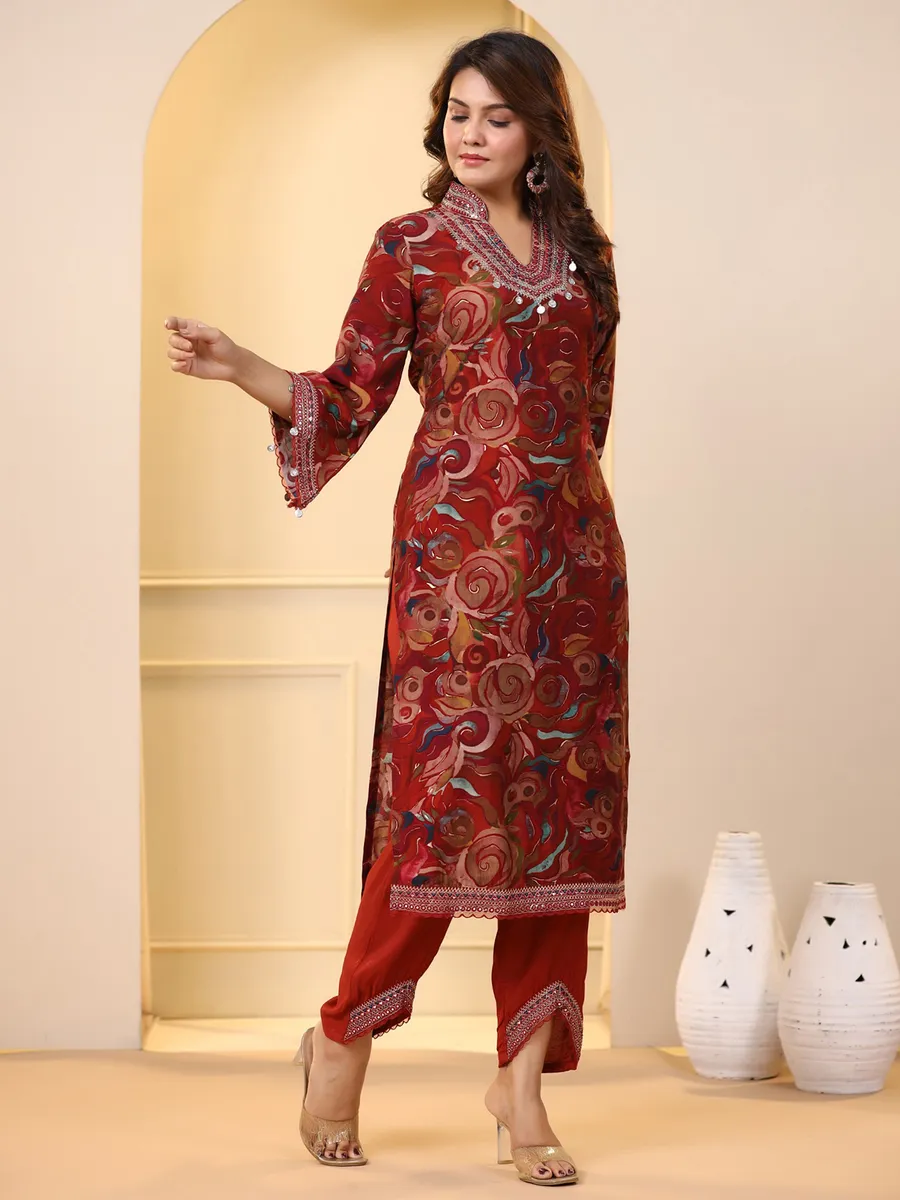 Maroon printed kurti with pant