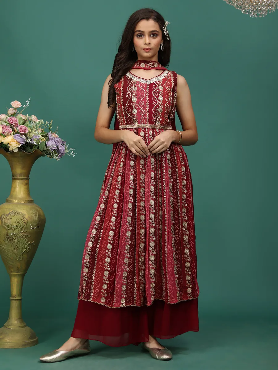 Maroon printed palazzo suit in georgette