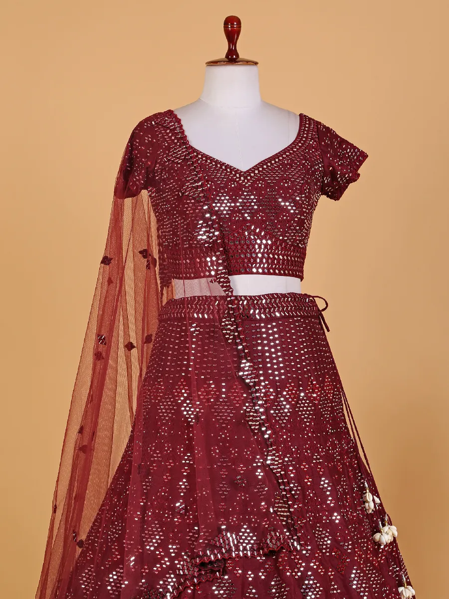 Maroon raw silk mirror work lehenga choli