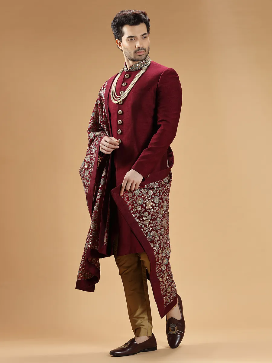 Maroon rich raw silk sherwani