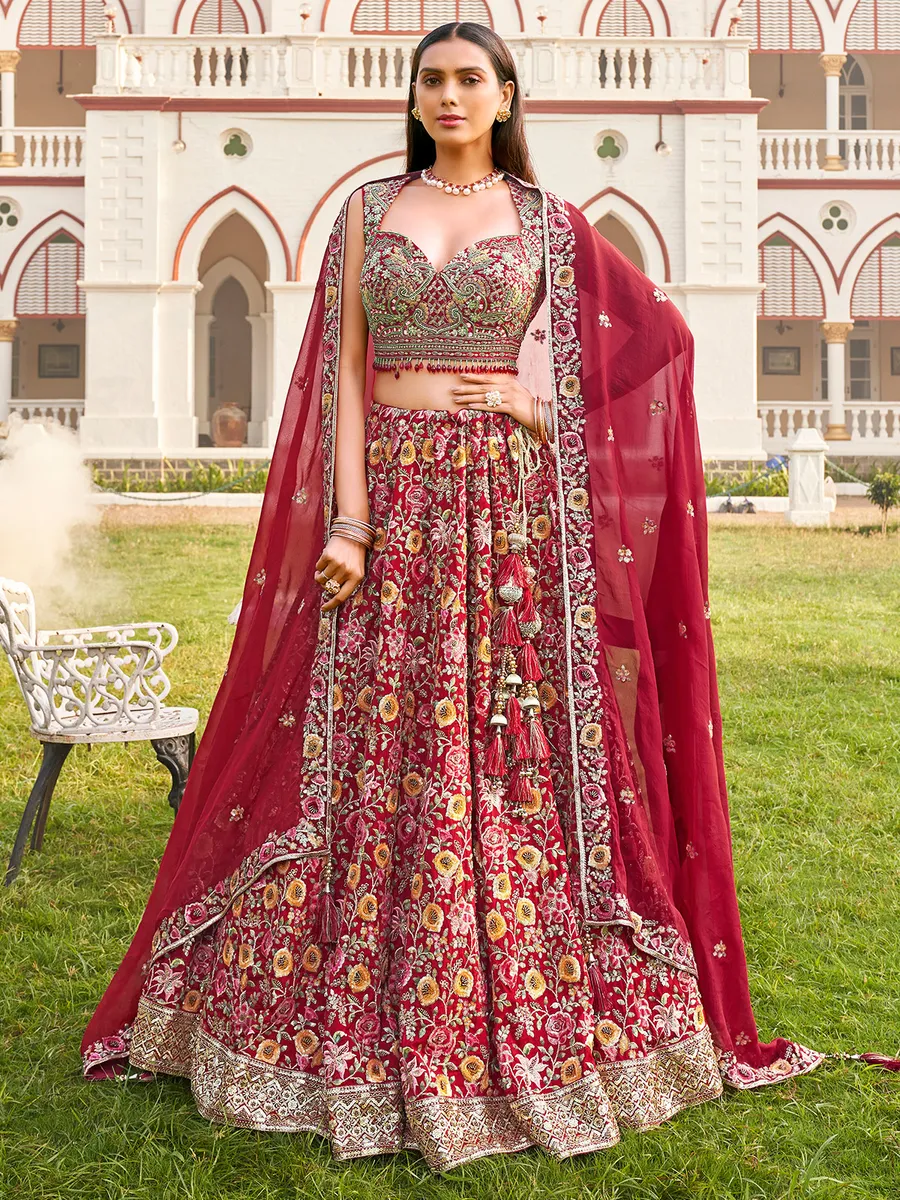 Maroon silk embroidery lehenga choli