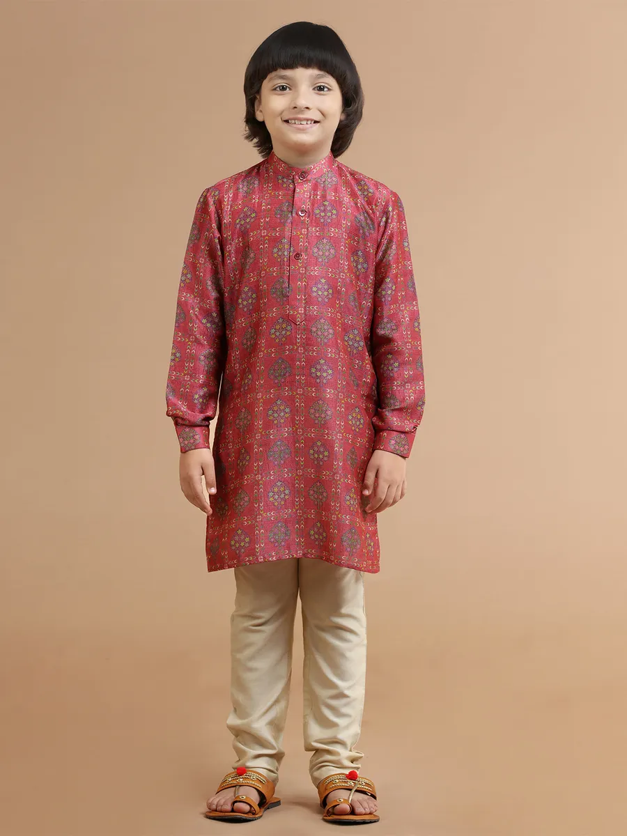 Pink silk printed kurta suit for festive