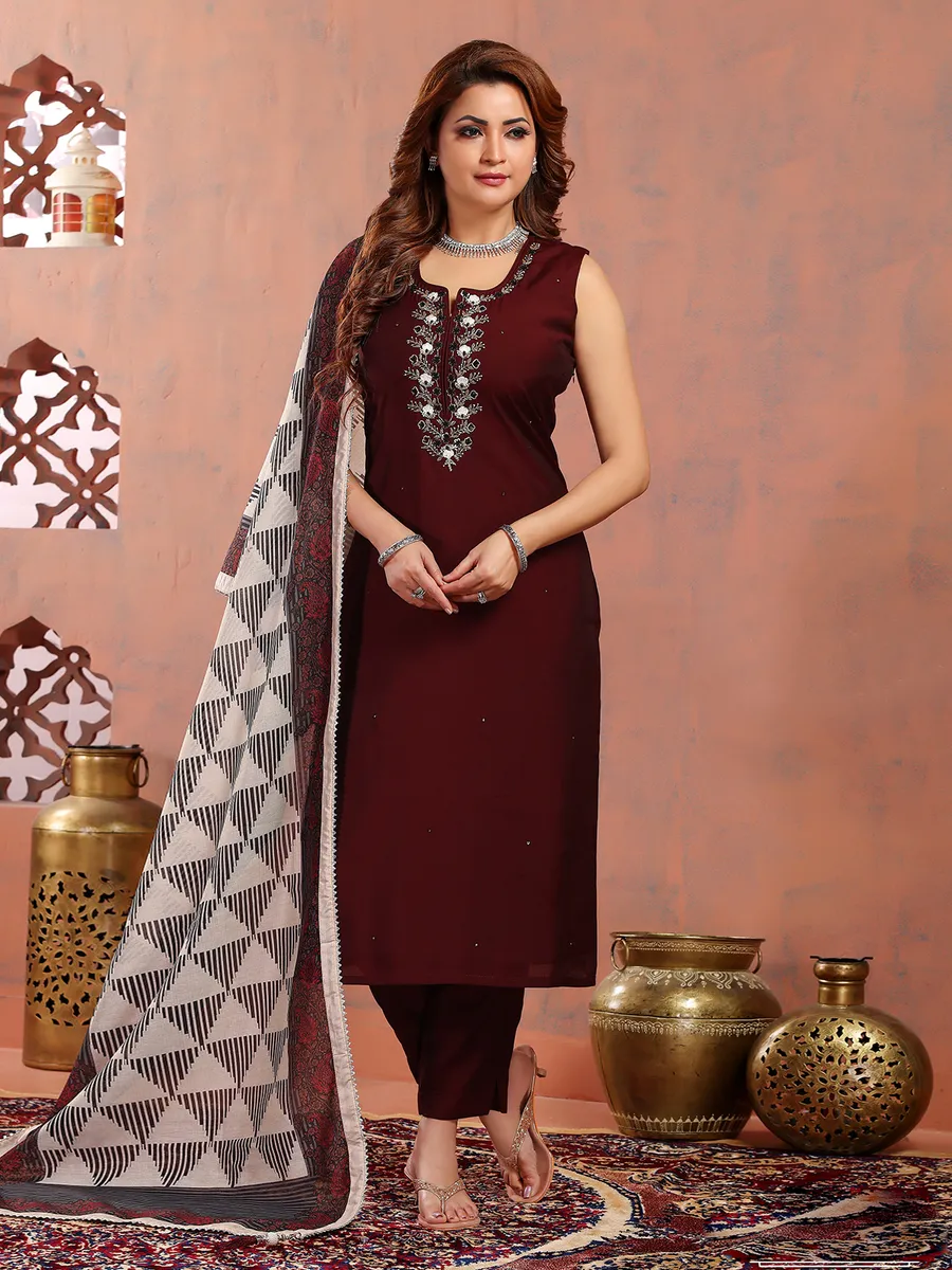 Maroon silk salwar suit with beautiful printed dupatta