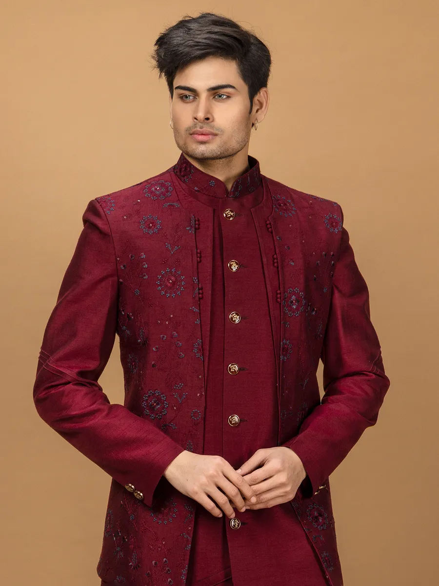 Maroon silk wedding indowestern