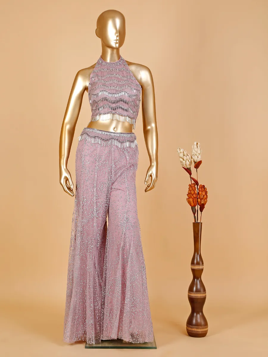 Mauve pink net palazzo suit with dupatta