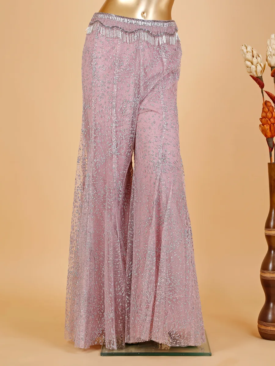 Mauve pink net palazzo suit with dupatta
