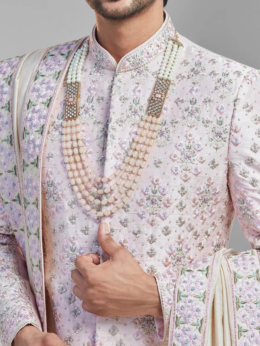 Mauve pink silk groom sherwani