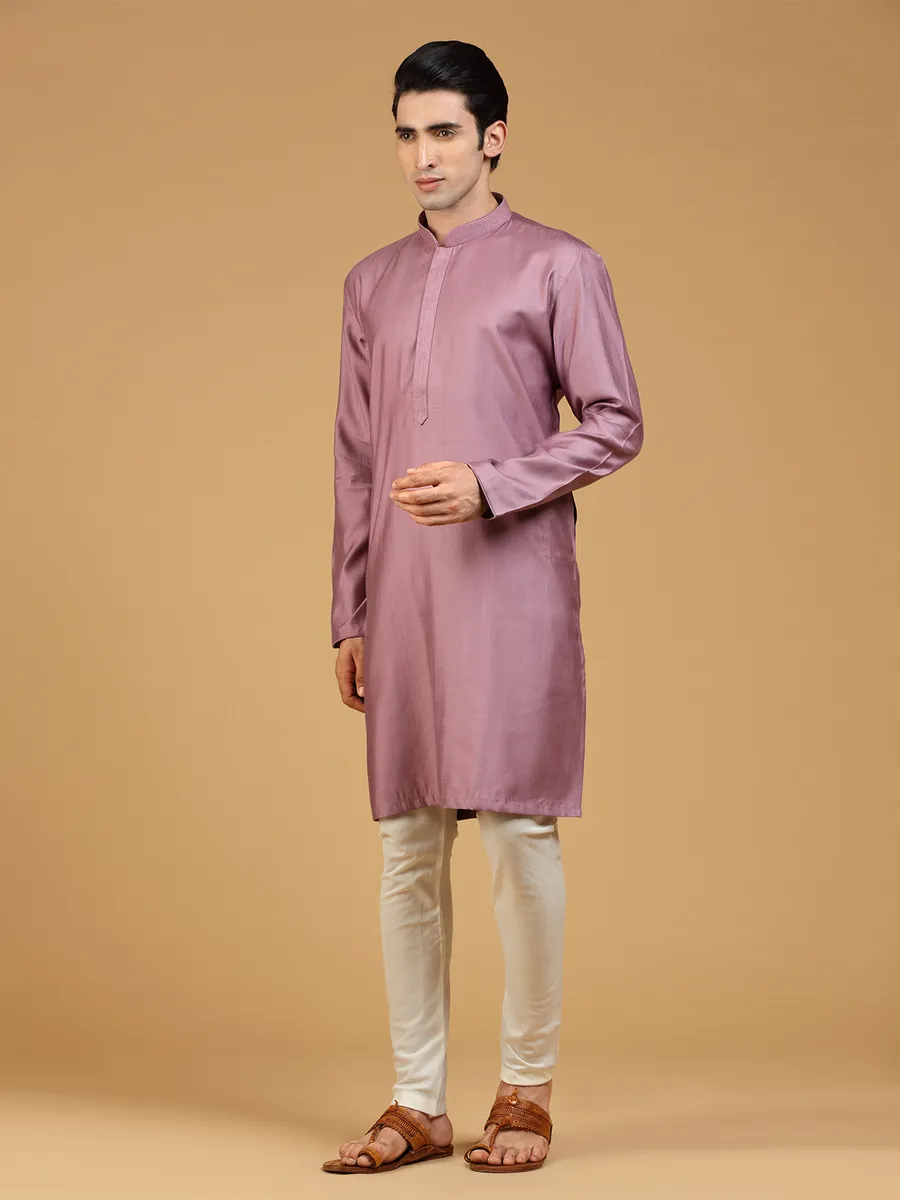 Mauve pink silk plain  Men Kurta pajama