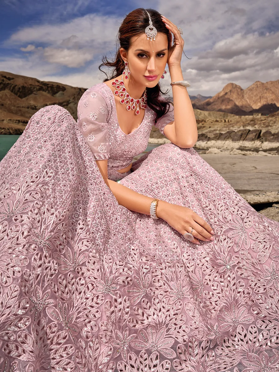 Mauve pink unstitched organza lehenga choli