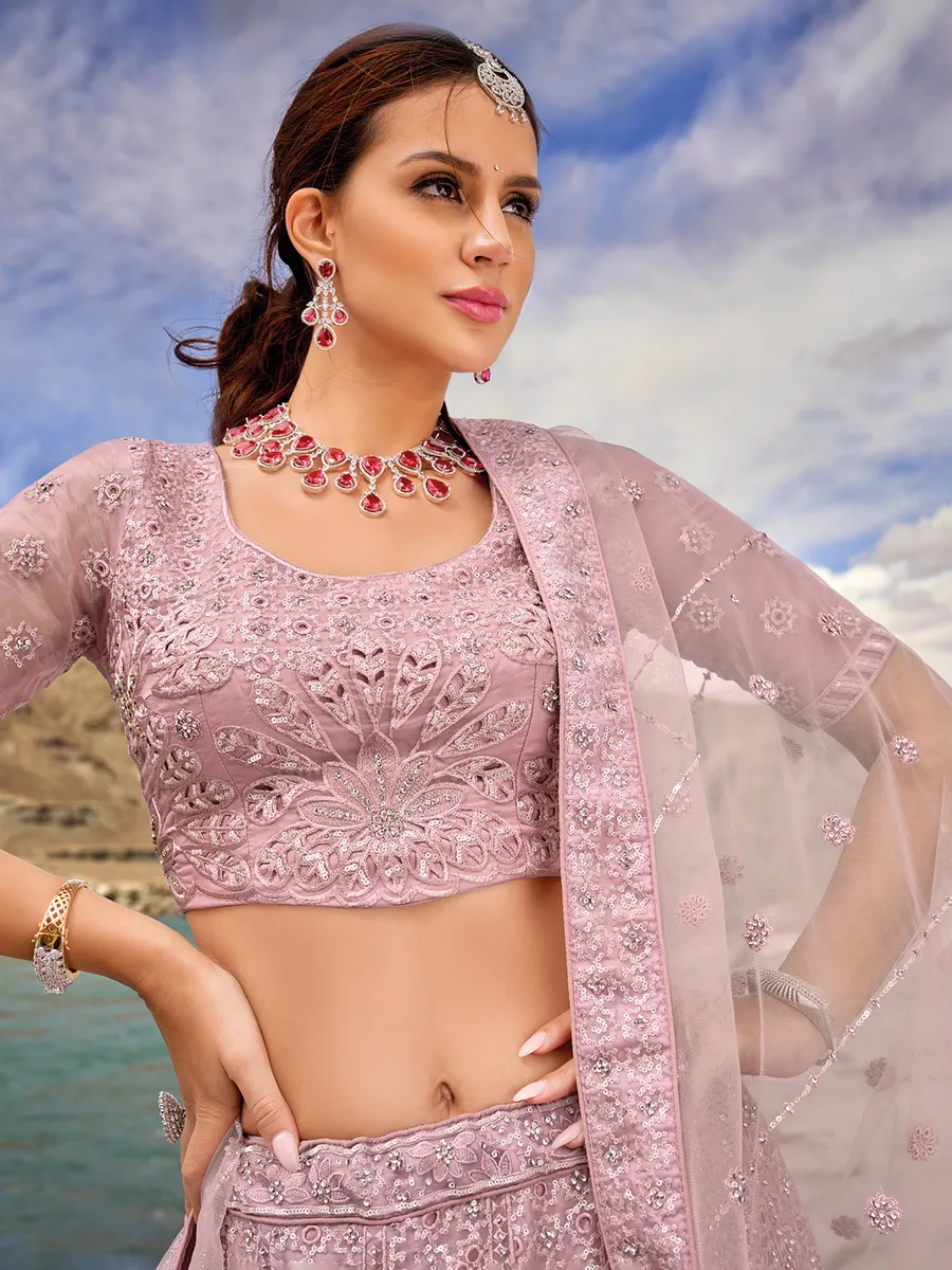 Mauve pink unstitched organza lehenga choli