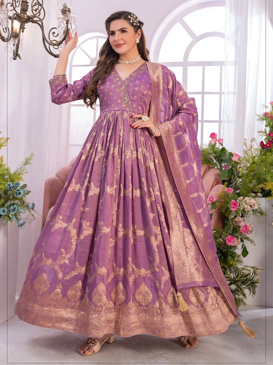 Mauve pink zari weaving anarkali suit