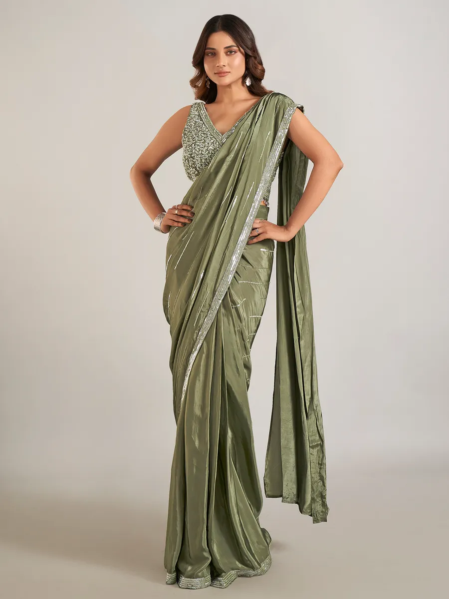 Mehendi green satin silk party wear saree