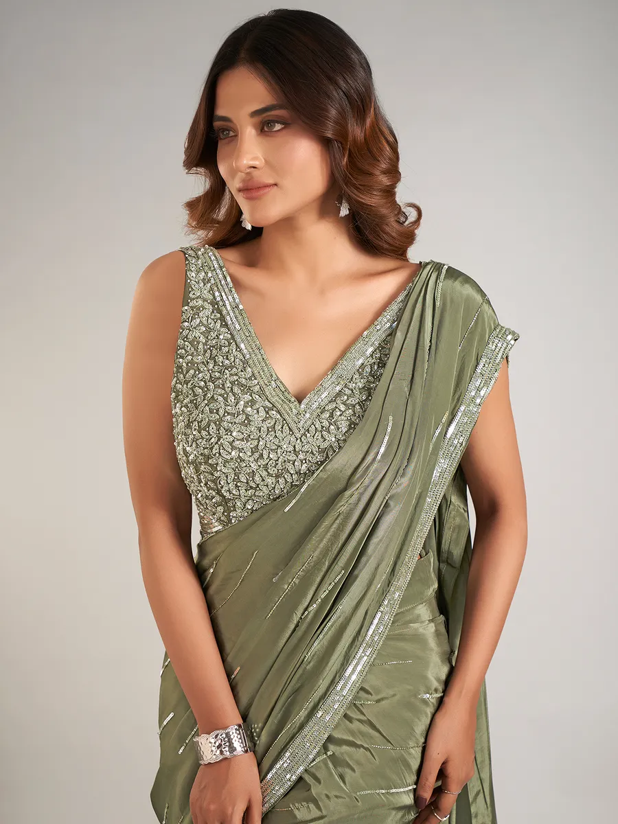 Mehendi green satin silk party wear saree