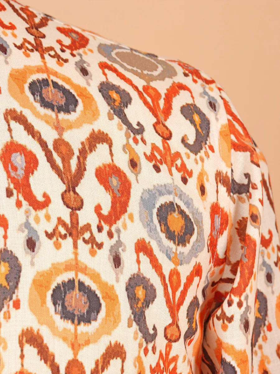 Men unique printed white cotton kurta suit