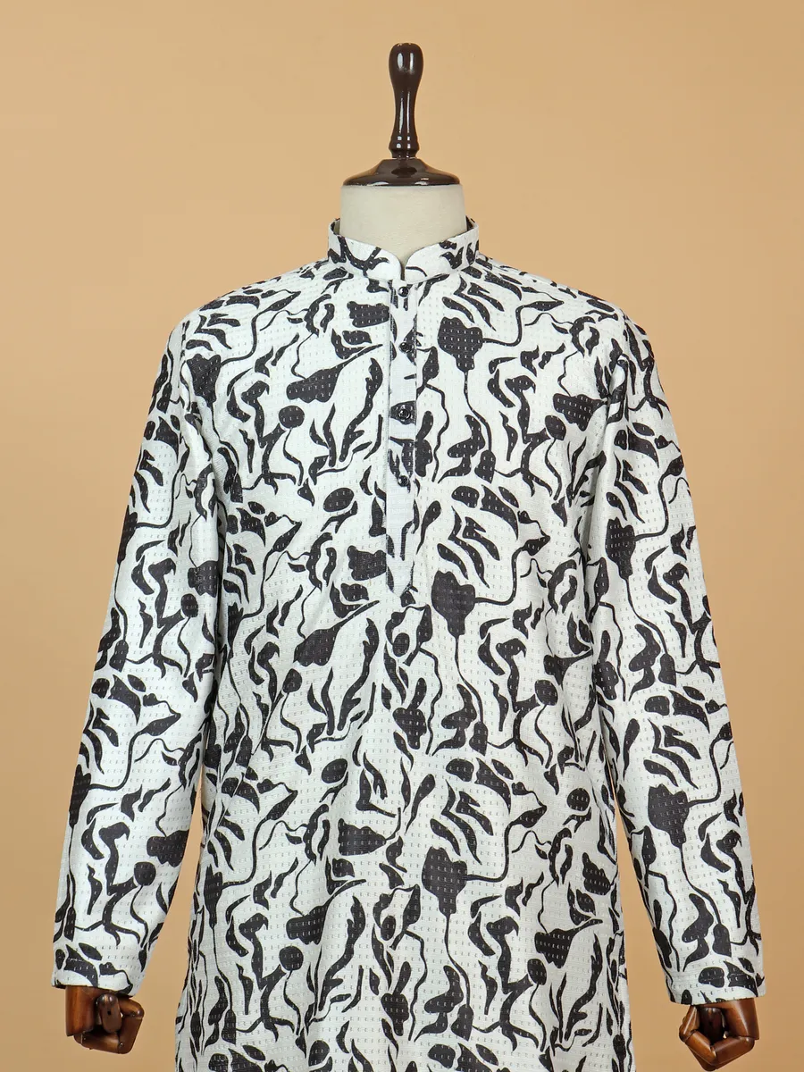 Mens white cotton kurta suit with print