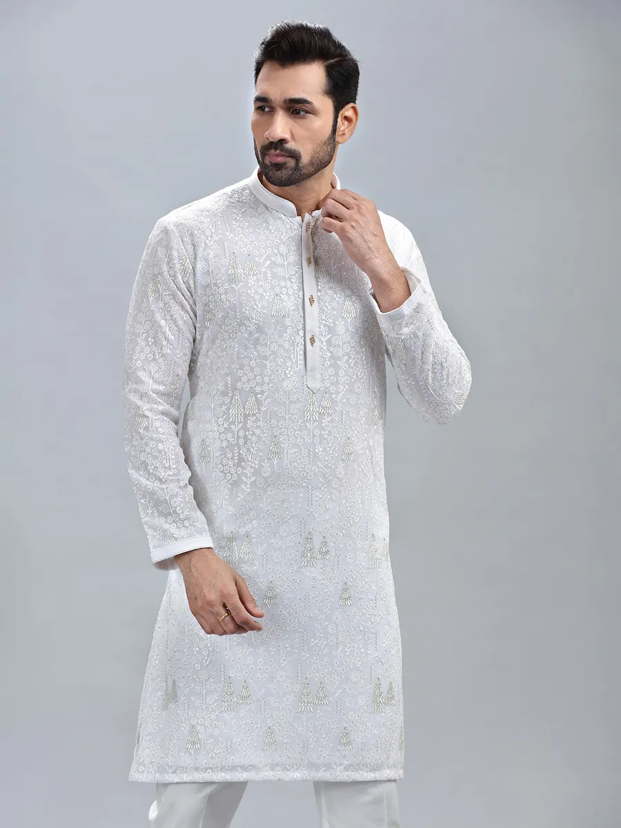 Minimalist white georgette kurta set for men