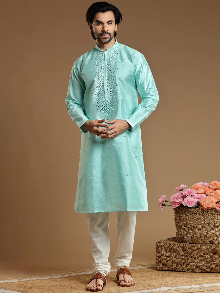 Mint blue cotton silk Kurta Set for Men