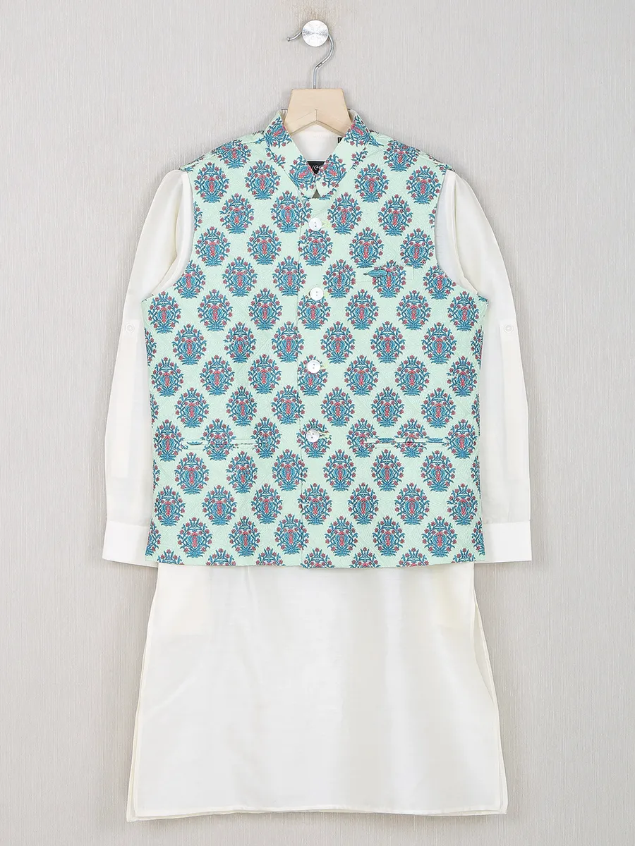 Mint green color printed waistcoat set for festive