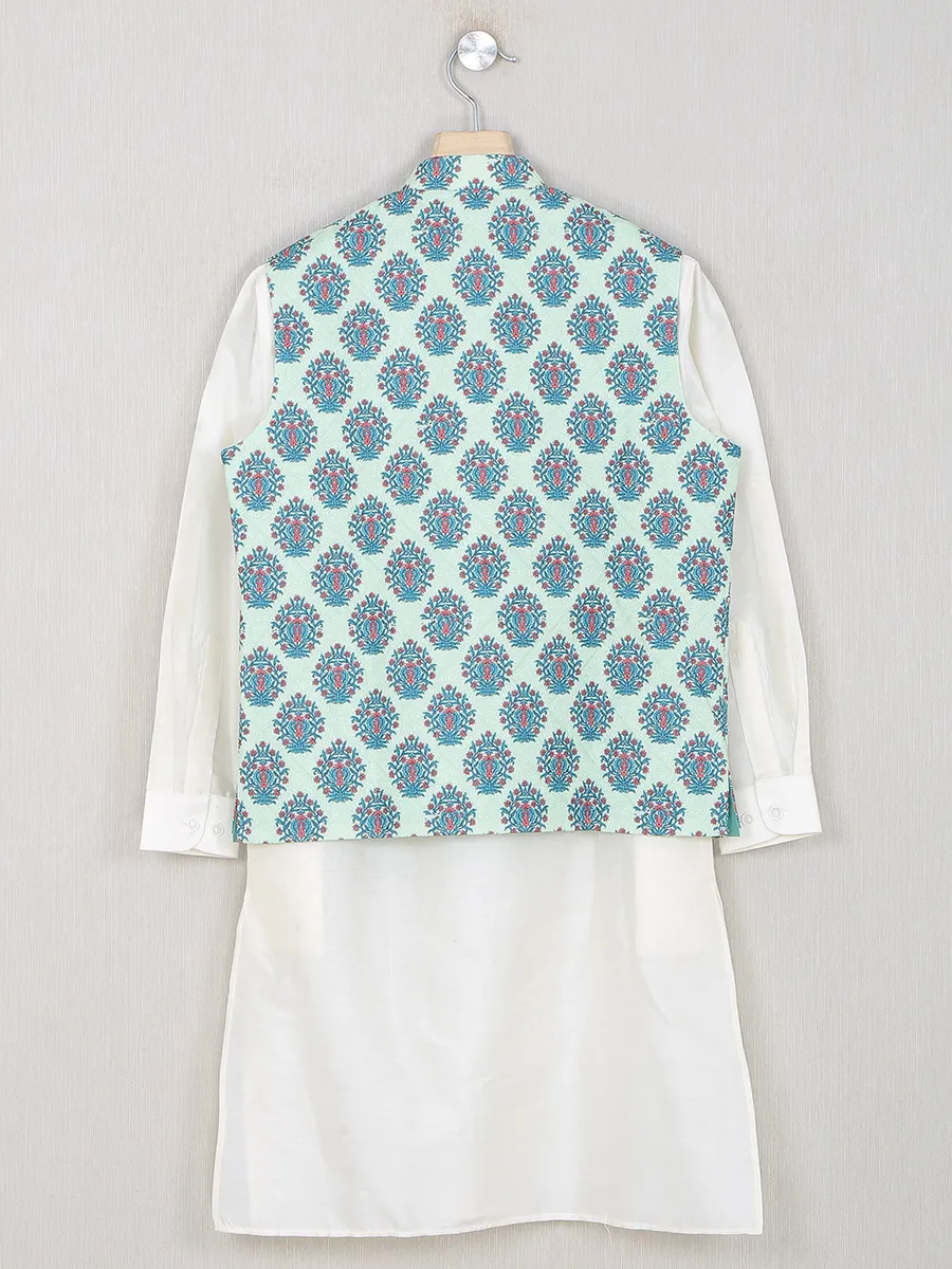 Mint green color printed waistcoat set for festive