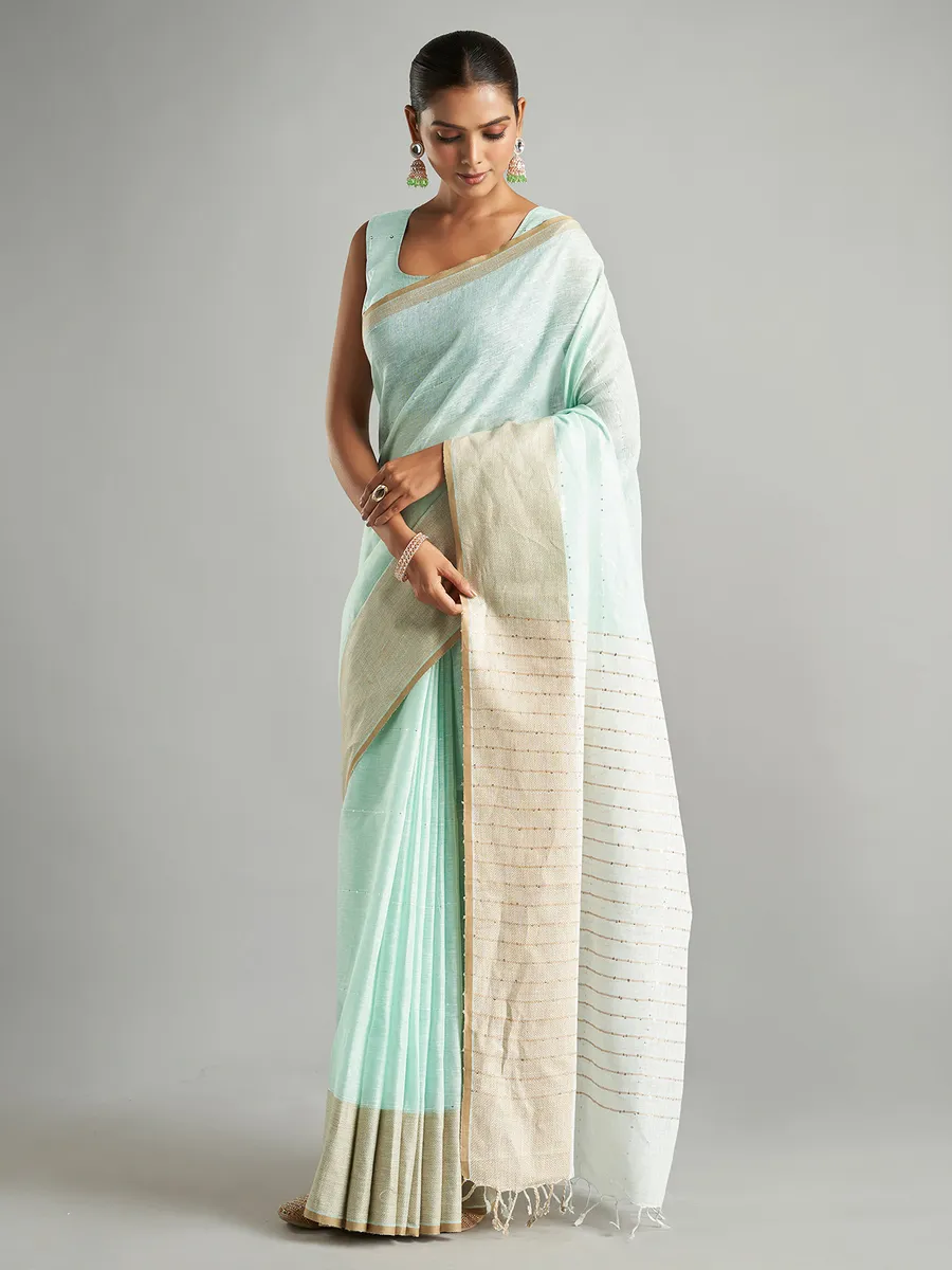 Mint green plain cotton linen saree