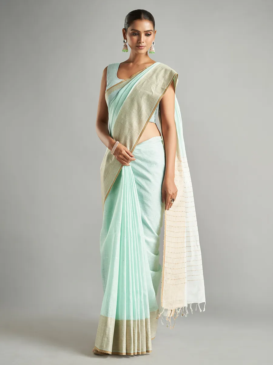 Mint green plain cotton linen saree