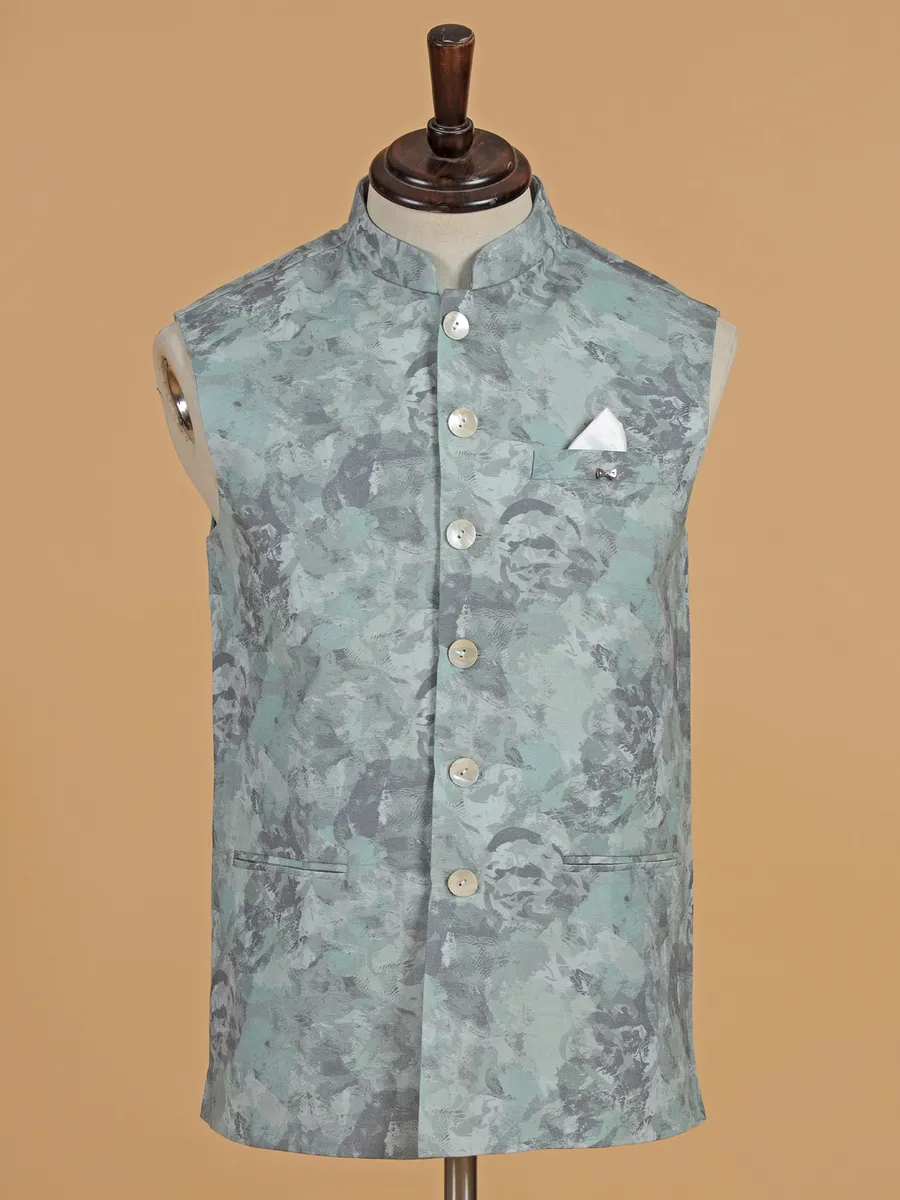 Mint green printed cotton waistcoat for men