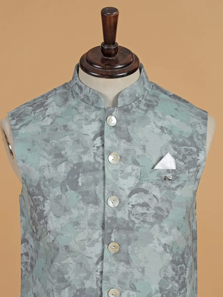Mint green printed cotton waistcoat for men