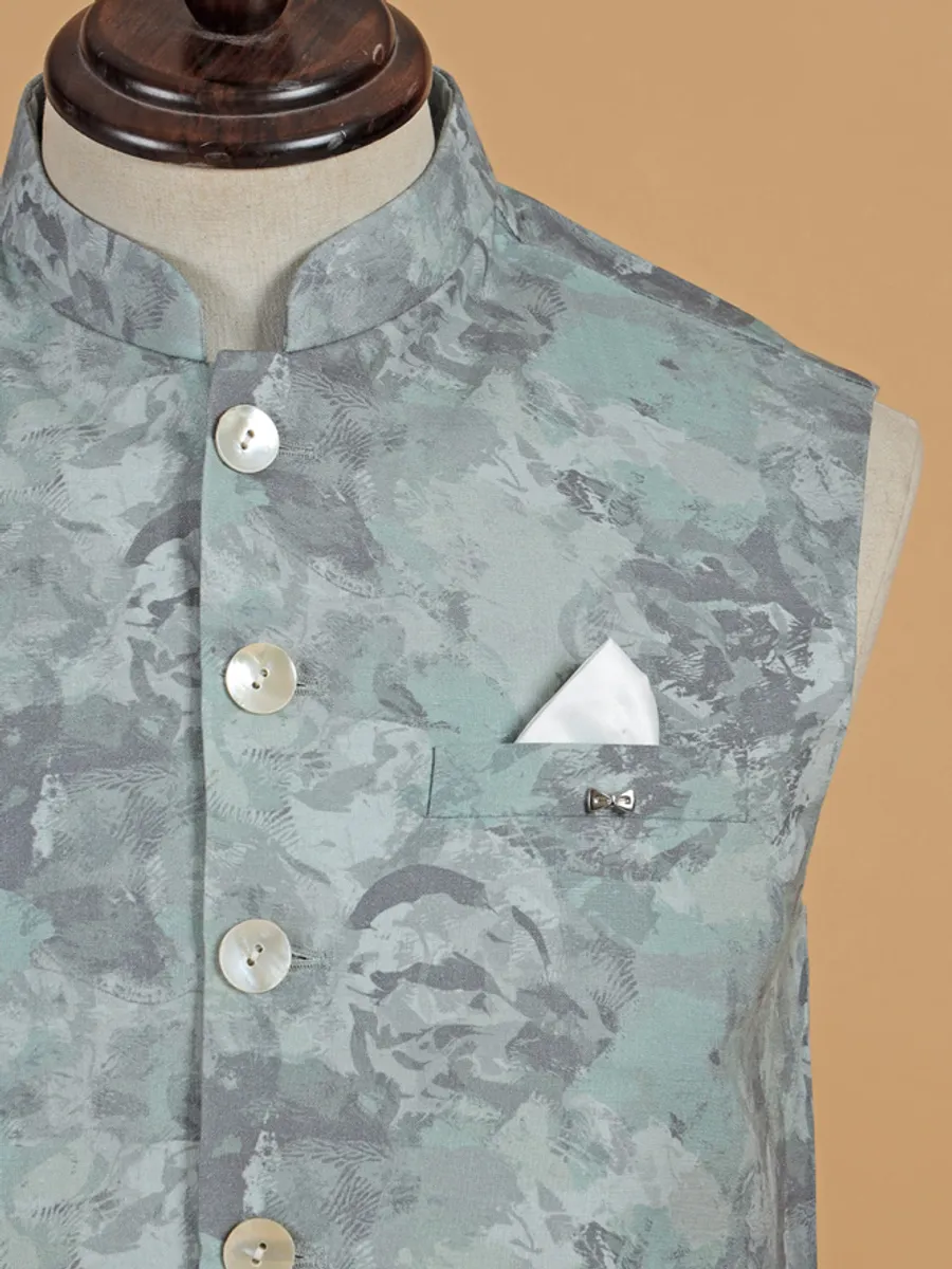 Mint green printed cotton waistcoat for men