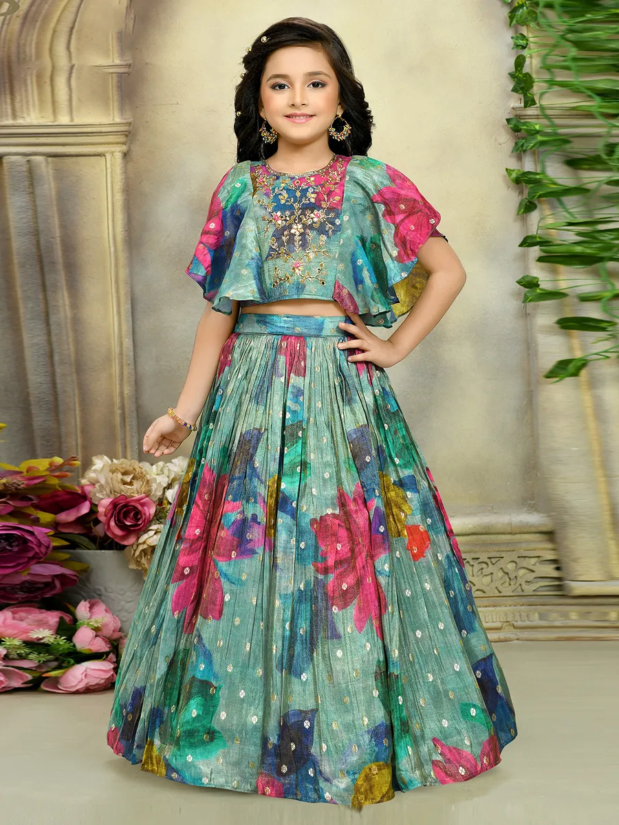 Mint green silk printed lehenga choli