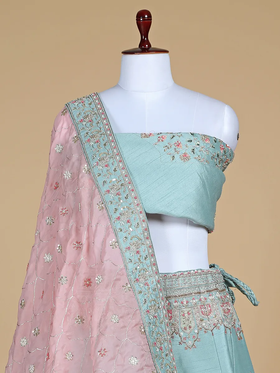 Mint green unstitched raw silk lehenga choli