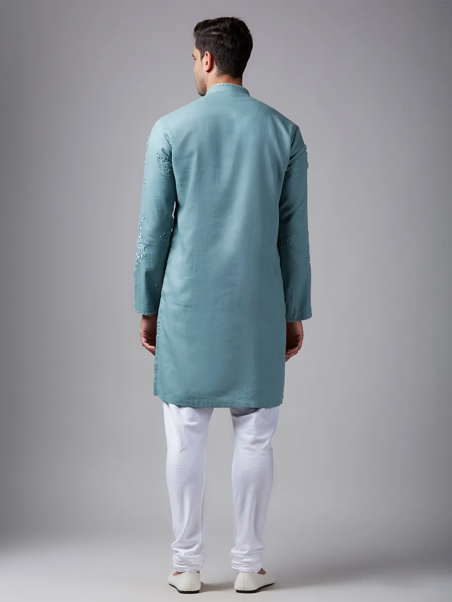 Mint green linen  Men Kurta pajama with handwork