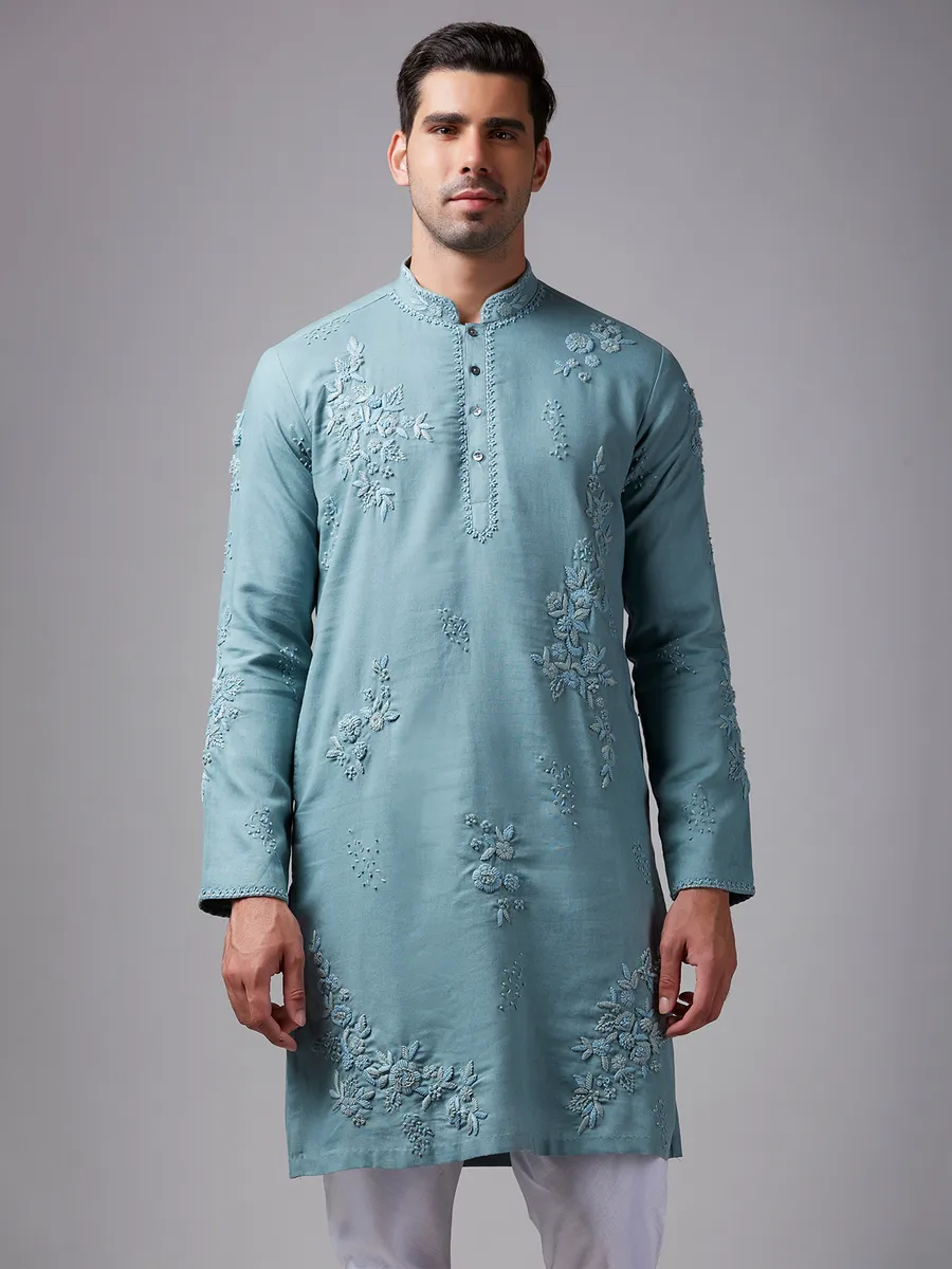 Mint green linen kurta suit with handwork