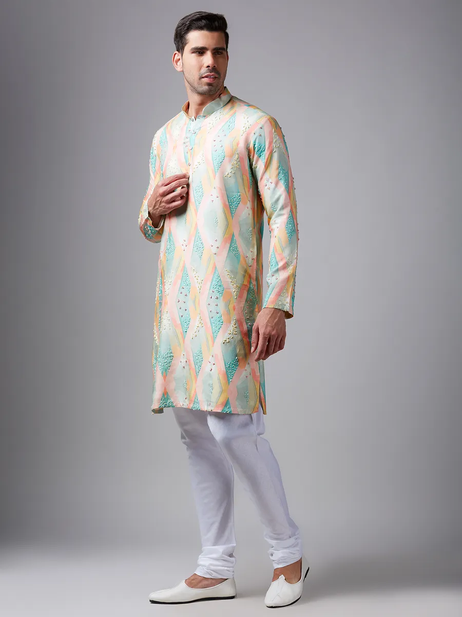 Classy multi color printed silk  Men Kurta pajama