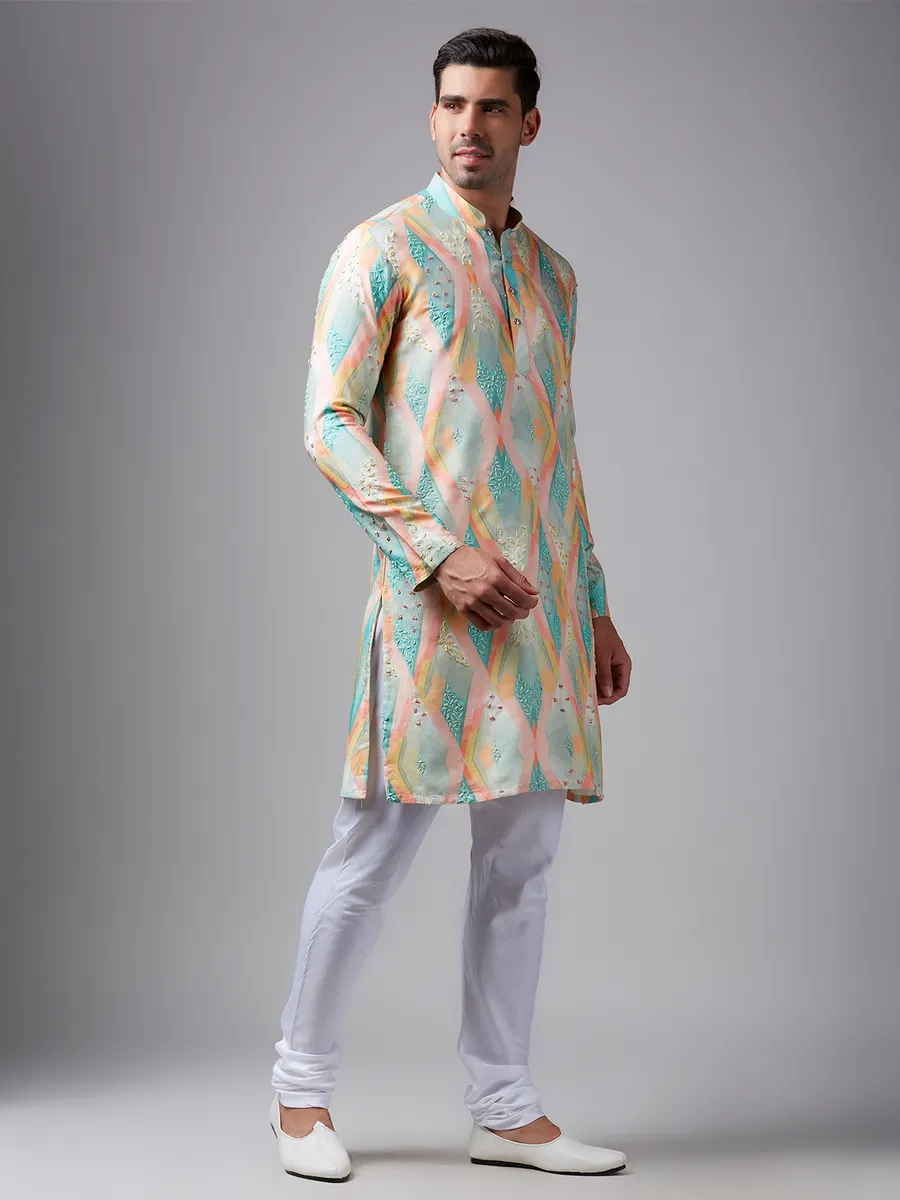 Classy multi color printed silk  Men Kurta pajama