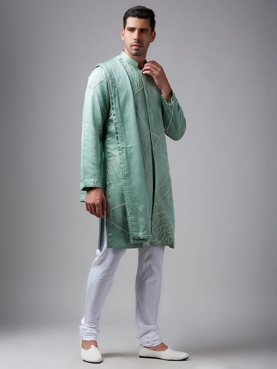 Elegant sea green silk  Men Kurta pajama