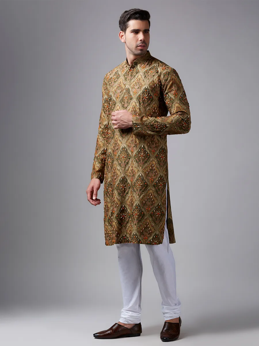 Olive printed silk kurta suit with handwork