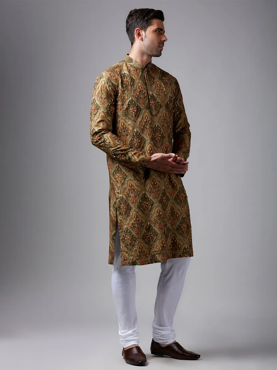 Olive printed silk kurta suit with handwork