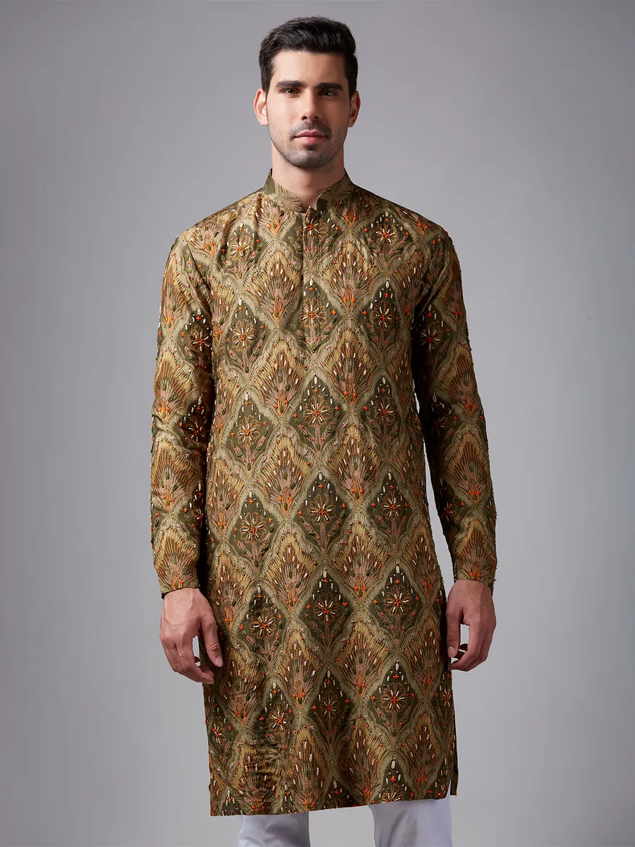 Olive printed silk kurta suit with handwork